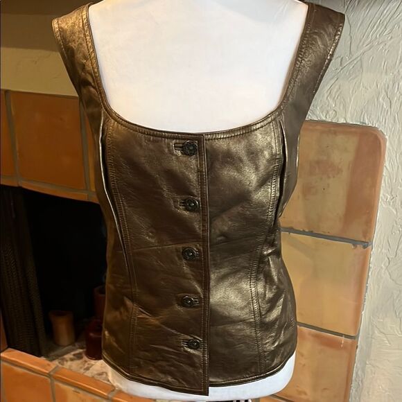 Spirit Tops - Spirit By Coldwater Creek Metallic Gold Leather Vest, Size 18